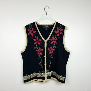 Vintage Designer Originals Studio Joy Christmas Sweater Knit Vest Poinsettias